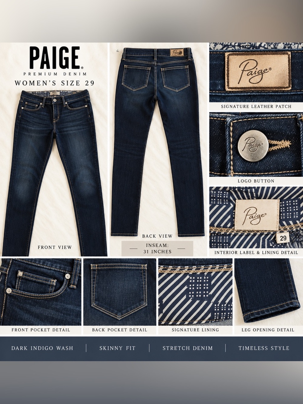 PAIGE Dark Indigo Skinny Jeans - Deep Blue Wash size 29